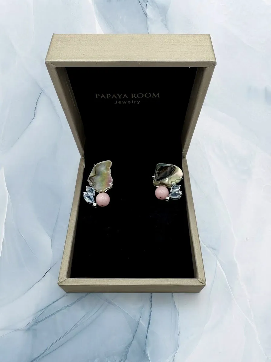Abalone and coral earrings presented in a Papaya Room box