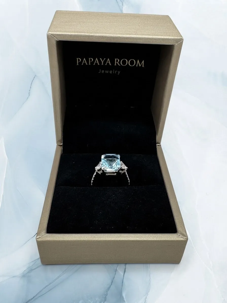 Aquamarine ring presented in a Papaya Room box