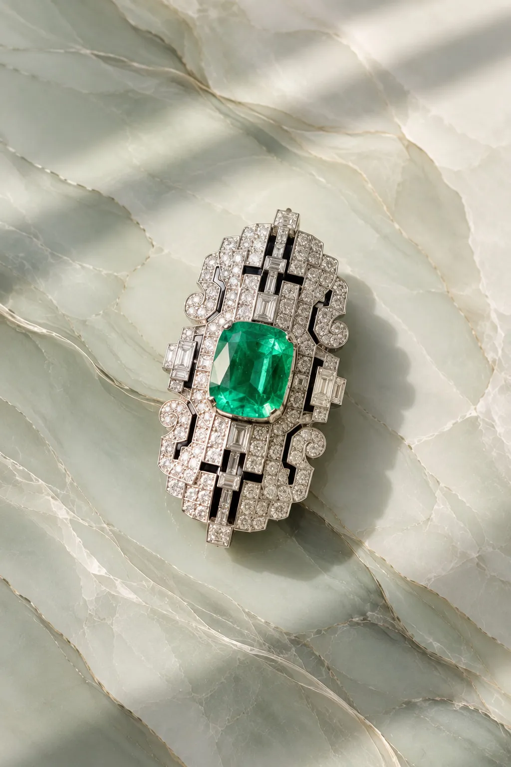 Art deco diamond brooch with an emerald centre on green marble