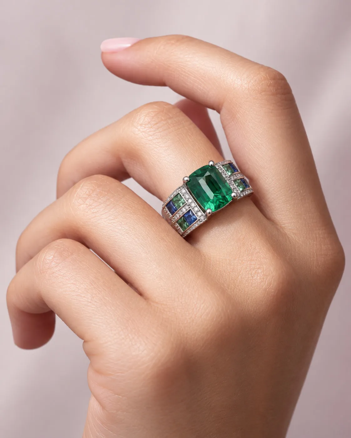 Emerald ring worn against a blush background