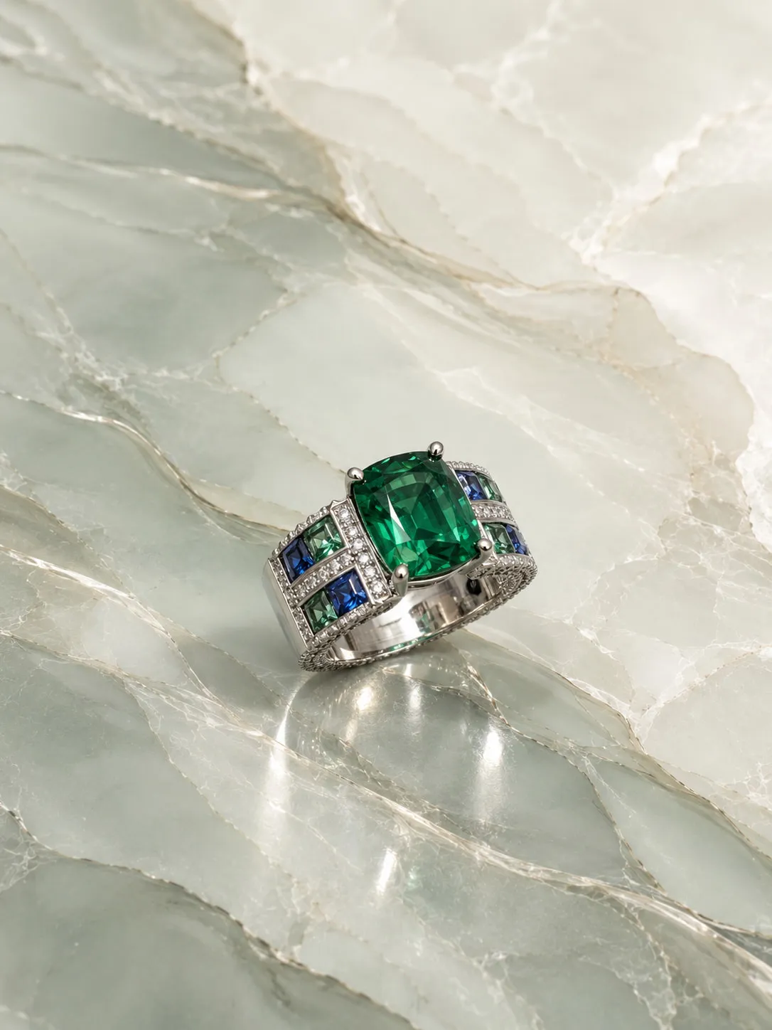 Emerald ring with blue and diamond shoulders on green marble