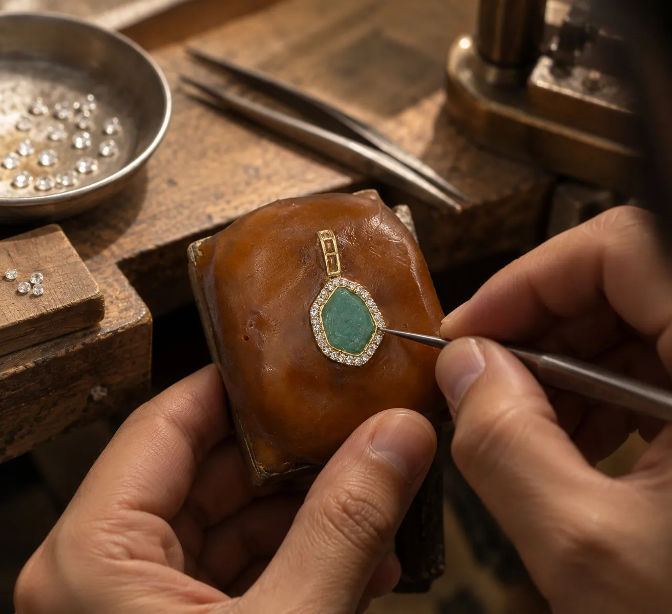 Jeweller setting a green gemstone pendant at the bench