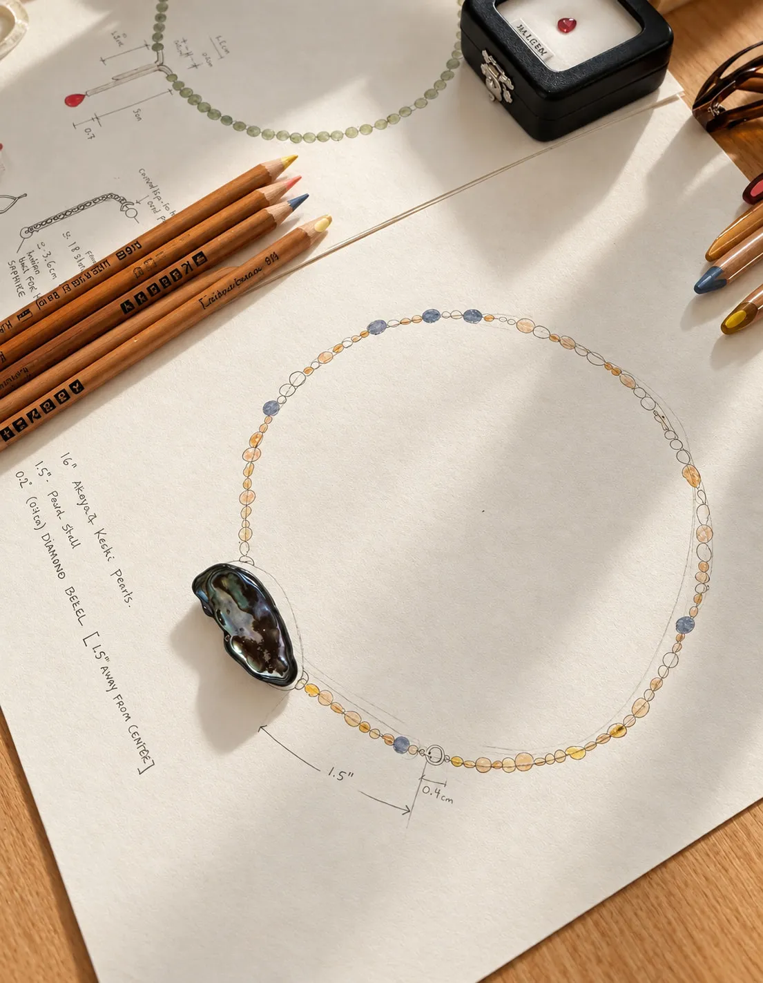 Coloured design sketch of a pearl necklace beside an abalone shell