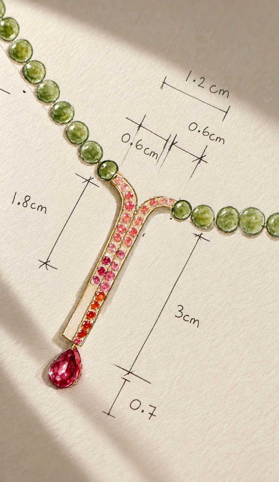 Hand-drawn necklace design with measurements and a pink gemstone drop